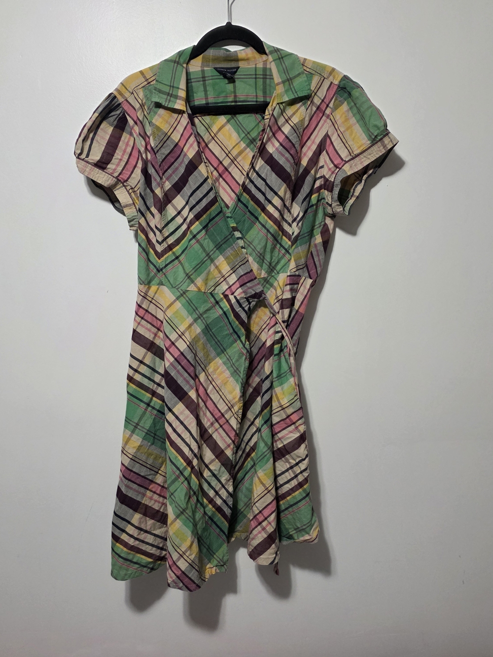 Tommy Hilfiger Green, Pink and Yellow Plaid Wrap Dress